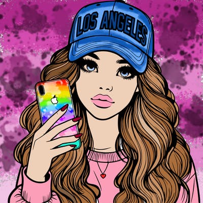 realistic beautiful girl wearing los ángeles cap holding an iphone