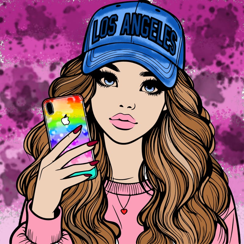 realistic beautiful girl wearing los ángeles cap holding an iphone