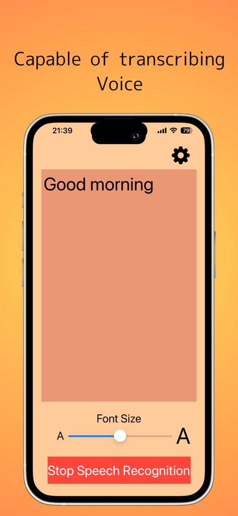 Speech-to-Text-App - Echtzeit-Sprach-zu-Text-Transkriptions-Oberfläche mit einstellbarem Schriftgrößenregler für Hörunterstützung.