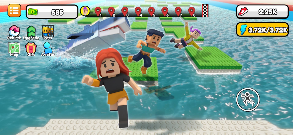 +1 Speed Escape challenges - Blocky characters jumping over floating platforms on water in a 3D parkour escape game.