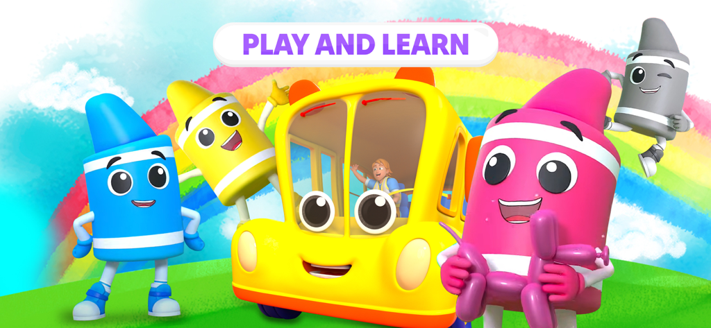 Apples & Bananas Kids App - Colorful crayon characters and a yellow school bus in the Apples and Bananas kids app.