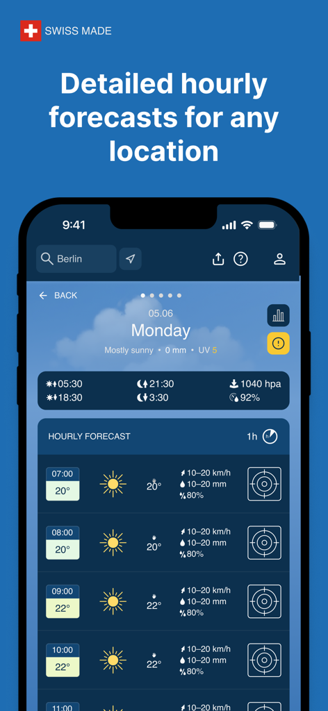 Meteoblue app screenshot showing detailed hourly weather forecasts for Berlin with temperature wind and precipitation info