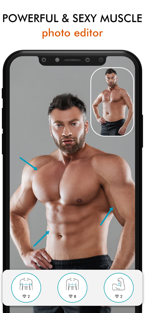 Interface de l'application montrant la retouche professionnelle des muscles et des abdominaux pour hommes