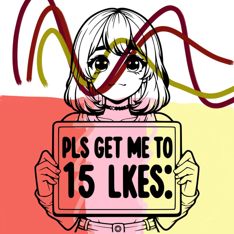 realistic girl holding up a sign that says “pls get me to 15 likes!”