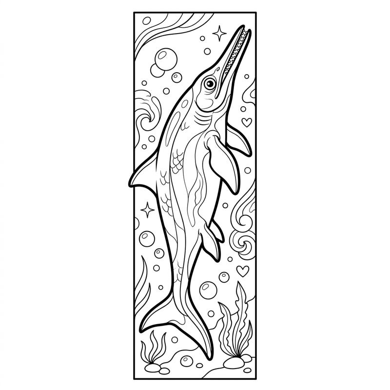 Embark on a creative journey with this Stenopterygius bookmark coloring page, featuring a graceful ancient marine reptile amidst ocean bubbles and seaweed. Perfect for dinosaur enthusiasts and book lovers, this unique design lets you bring a piece of the Early Jurassic into your reading adventures.