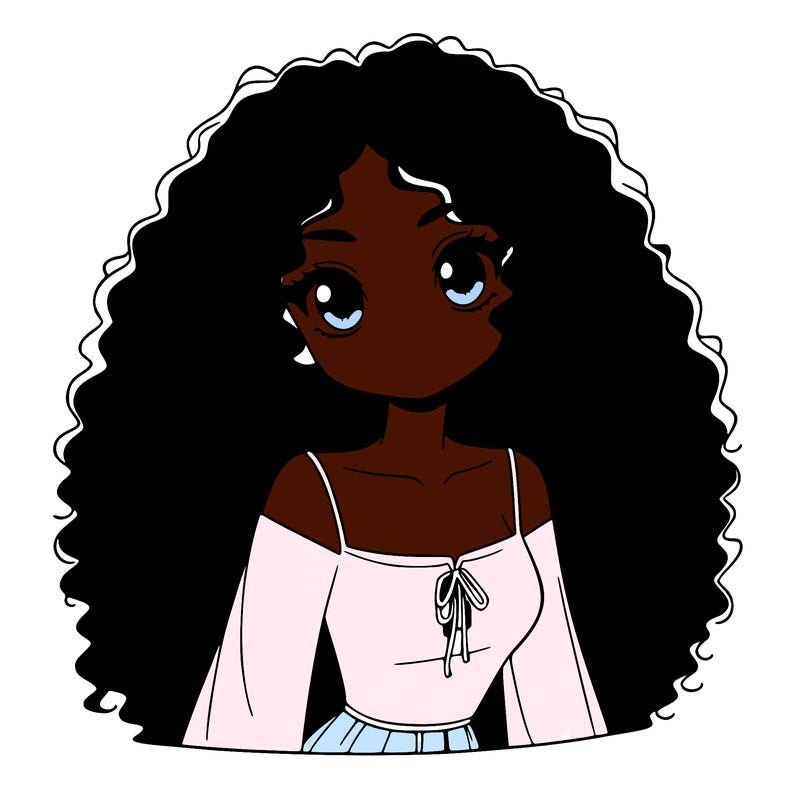 a black anime girl with long afro hair
