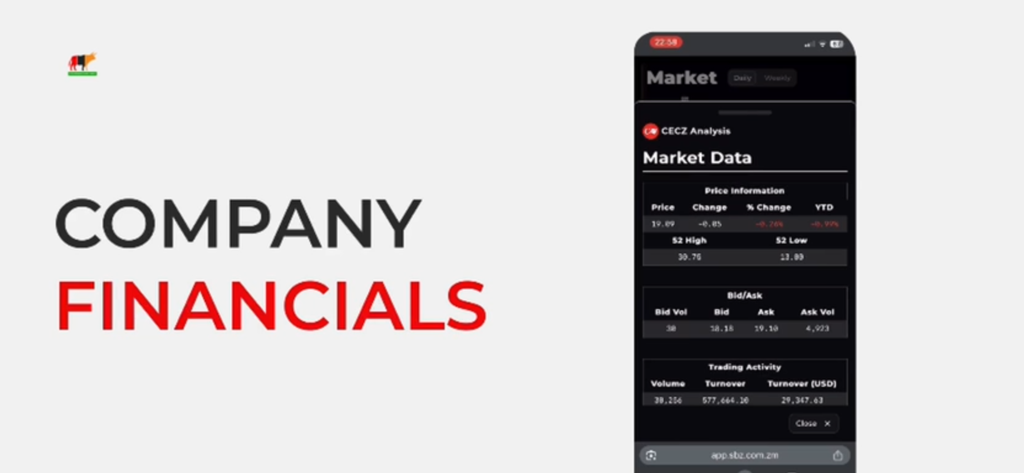 SBZ Digital - SBZ Digital mobile app interface showing company financials and market data analysis