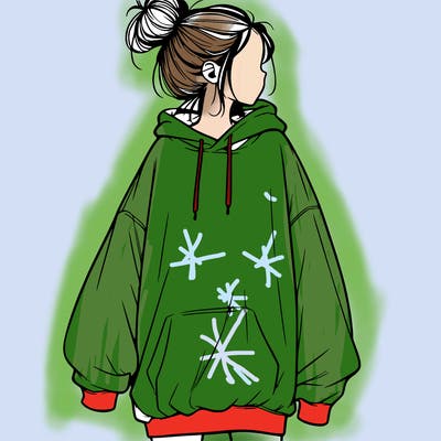 realistic girl with a oversized sweatshirt on and a bun