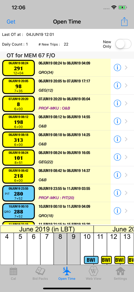 BidX Mobile Edition Open Time interface showing a list of flight trips and a calendar for pilot scheduling