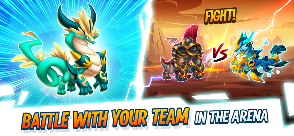 Dragon City: Battle Adventure! - Poderosos dragones participando en una batalla de equipo dentro de la arena del juego