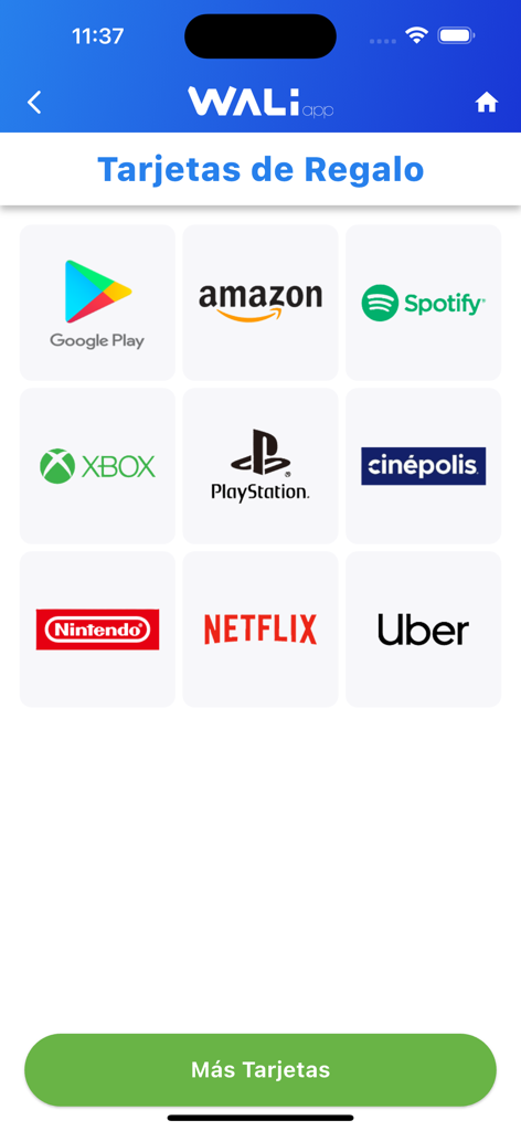 WALIApp - WALIApp screen showing available gift cards from brands like Amazon Netflix and Google Play for business resale