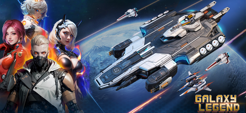 Galaxy Legend - Galaxy Legend promotional artwork featuring futuristic characters and starships in orbit
