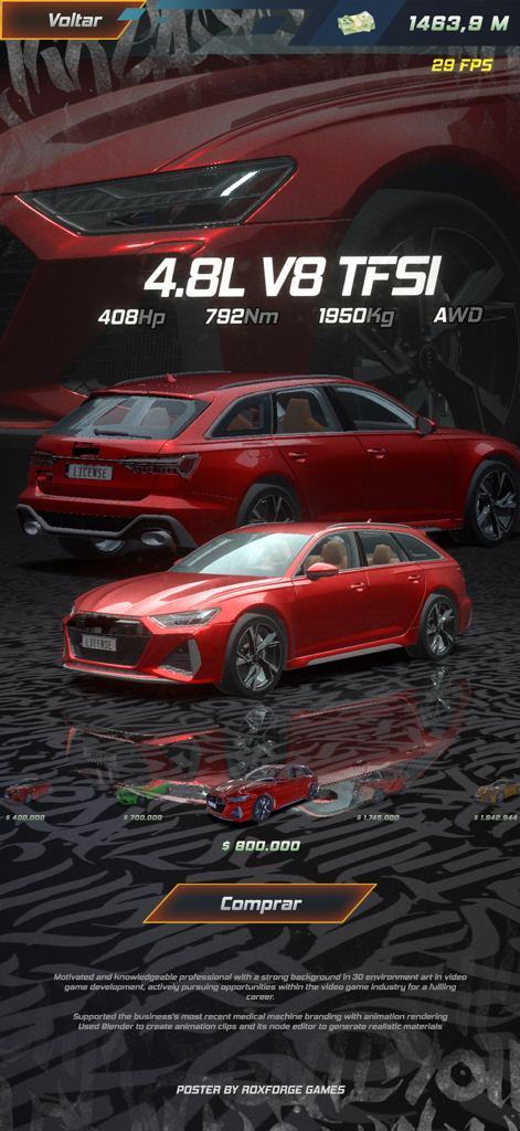 Project Xtreme - Coche deportivo rojo con especificaciones del motor y menú de compra en Project Xtreme