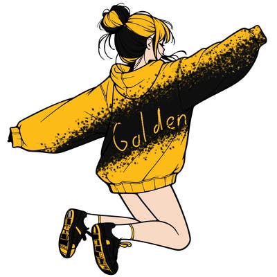 realistic girl jumping with a bun and oversized sweatshirt