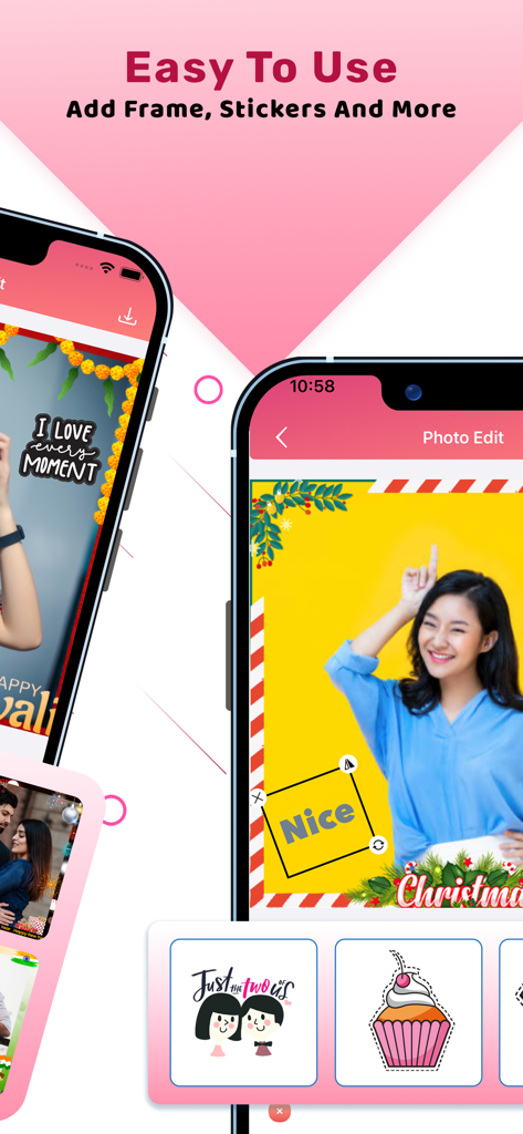 SnapFrame: Foto & Video Editor - Mobile app interface of SnapFrame showing photo editing with festive frames and cute stickers