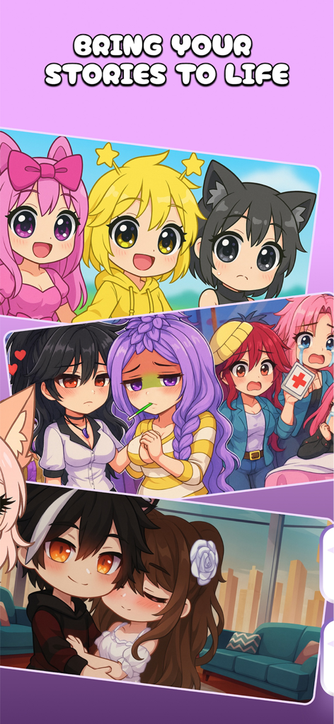 A collection of Gacha-style anime characters illustrating different emotional scenes and story moments.