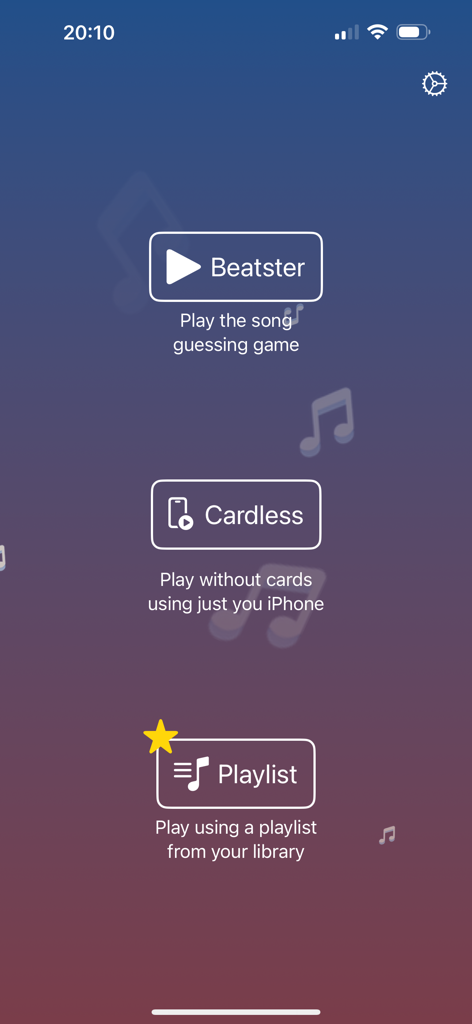Beatster - Beatster mobile app home screen showing menu options for song guessing game cardless mode and playlist selection