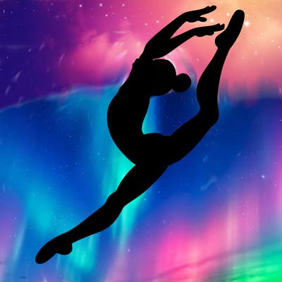 gymnast doing a leap in a leotard with a bent back leg