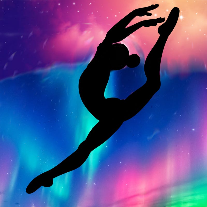 gymnast doing a leap in a leotard with a bent back leg