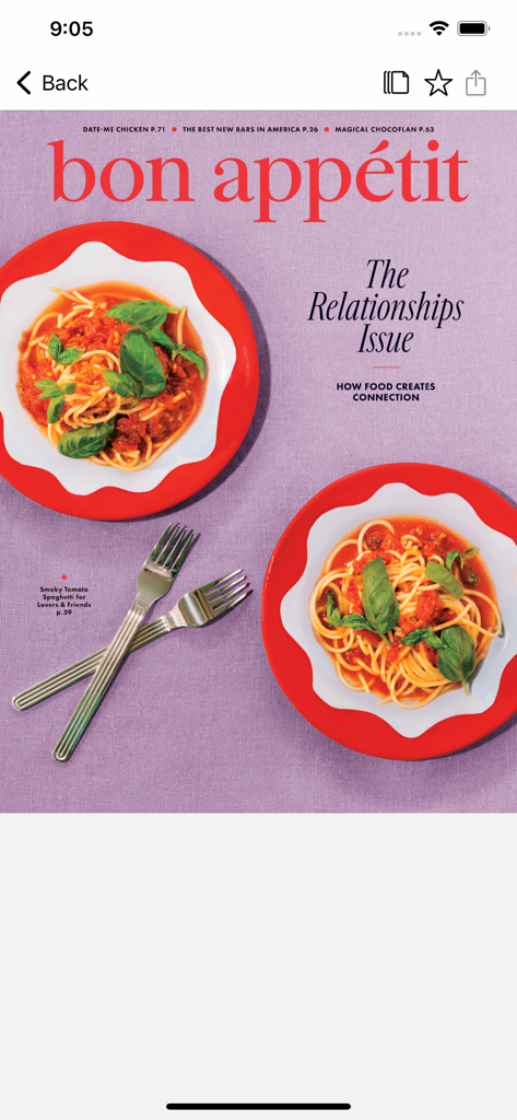 Bon Appetit - Copertina della rivista Bon Appétit per il numero sui rapporti, con due piatti di spaghetti al pomodoro affumicato