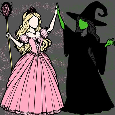 detailed realistic split of a princess and a witch