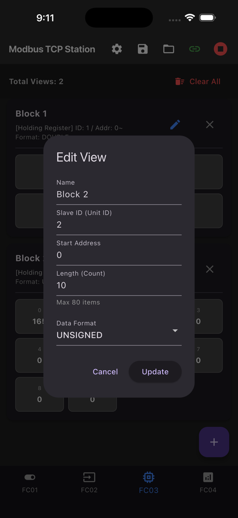 Modbus TCP Station - Edit View modal in Modbus TCP Station app for configuring slave ID and register data blocks