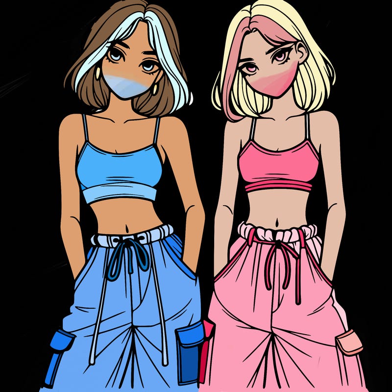 two girls with crop top with baggy pants