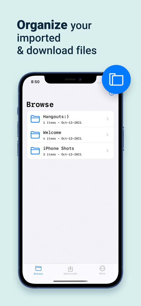 D Manager IDM - D Manager IDM app interface showing file organization folders on an iPhone
