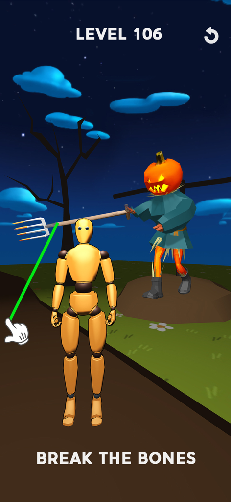 Un personnage ragdoll jaune face à un épouvantail à tête de citrouille avec une fourche dans Ragdoll Games.