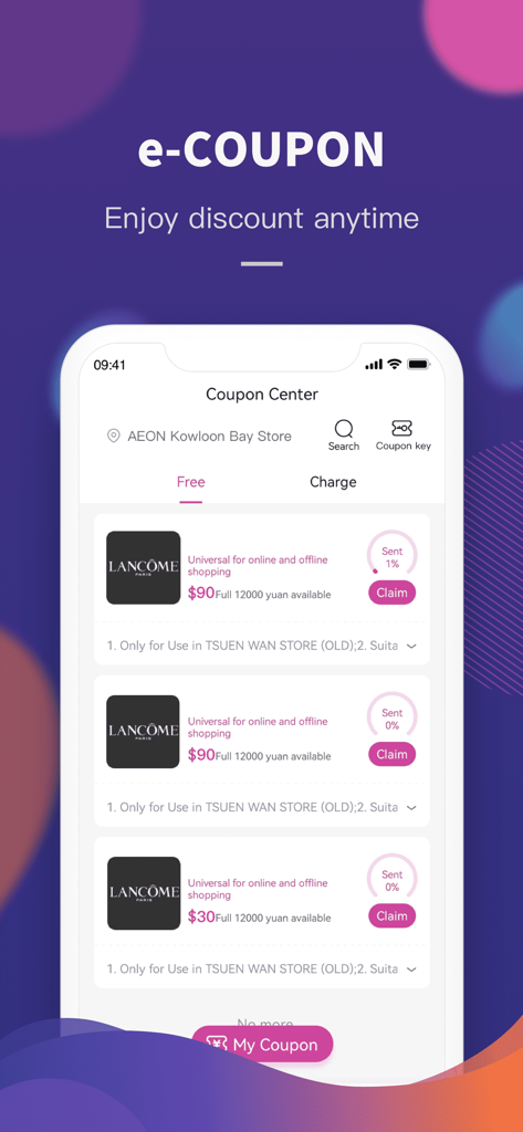 AEON Mobile - AEON Mobile app Coupon Center interface showing digital coupons and discounts for shopping rewards
