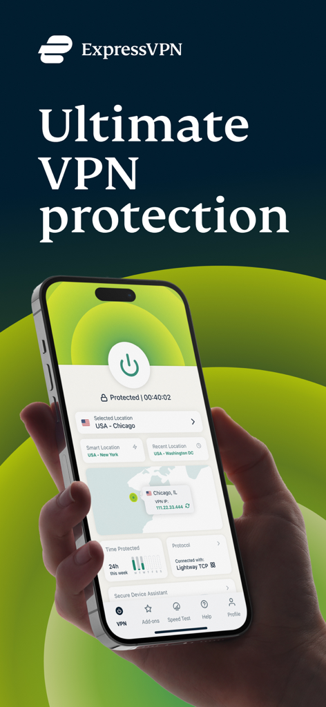 iPhoneのExpressVPNアプリインターフェイス、見出し「Ultimate VPN protection」の下にシカゴのサーバーへの安全な接続が表示されています。