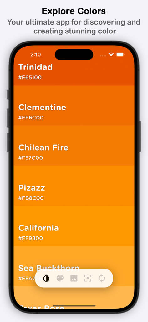 A list of orange color shades with names and hex codes in the Color Name Identifier app