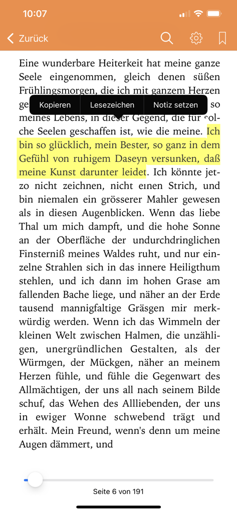 Deutsche Klassiker - Reading interface of the Deutsche Klassiker app with highlighted German text and annotation options