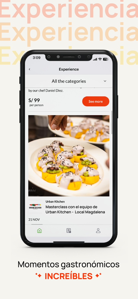 Interfaz de la aplicación MESA 24/7 mostrando una exclusiva experiencia de clase magistral gastronómica