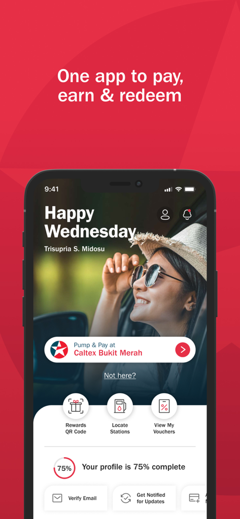 CaltexGO app home screen featuring the pump and pay option rewards QR code and gas station locator