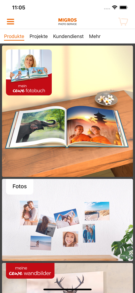 Migros Photo Service - Migros Photo Service app interface showcasing photo books and wall art options
