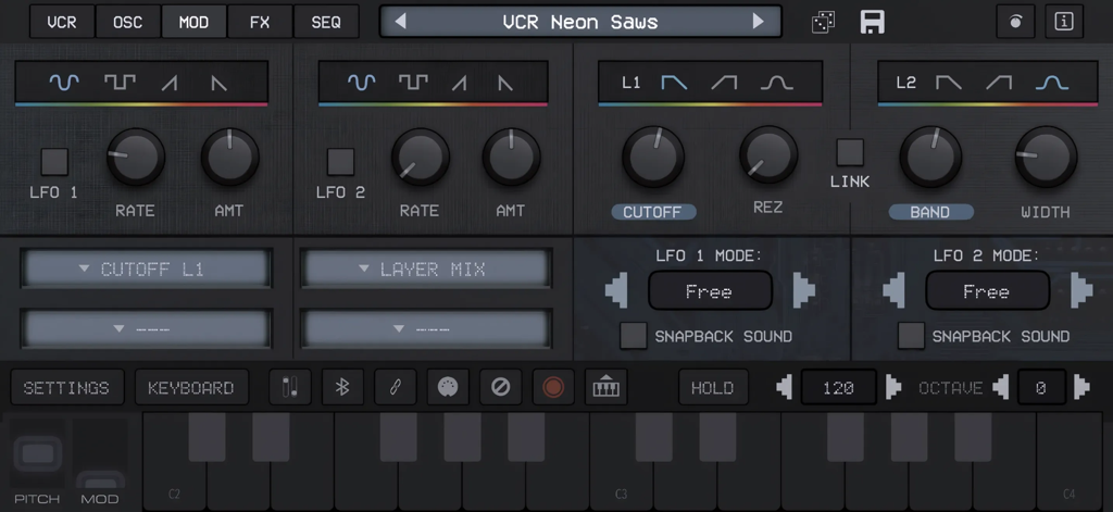 Interface of the King of VHS VCR Synth app showing LFO and filter modulation controls