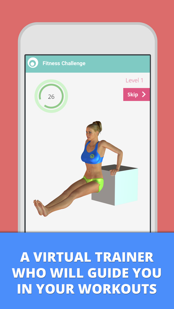 Fitness Challenge 30 Days - A virtual trainer demonstrating a tricep dip exercise within the Fitness Challenge 30 Days app interface