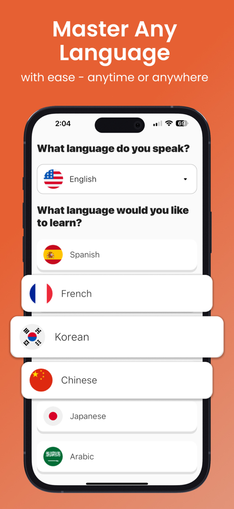 Learn & Speak Fluent Forever - スペイン語、フランス語、韓国語を含む複数の言語オプションが表示されたCapableアプリの言語選択インターフェース