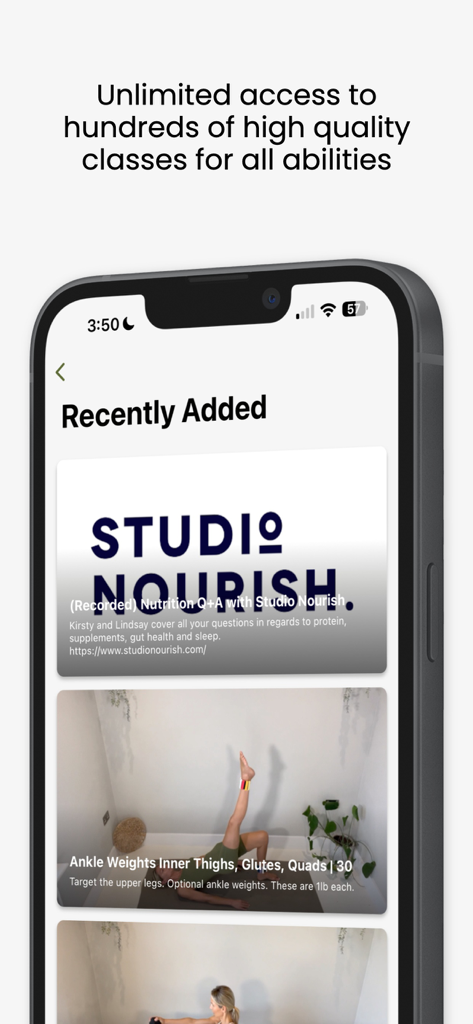 Shape Pilates London app screen showing recently added Pilates classes and wellness sessions