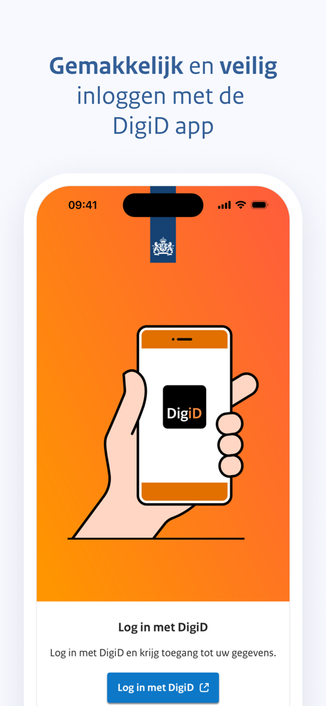 MijnGegevens - Pantalla de inicio de sesión de la aplicación MijnGegevens que ilustra el acceso seguro con la aplicación DigiD.