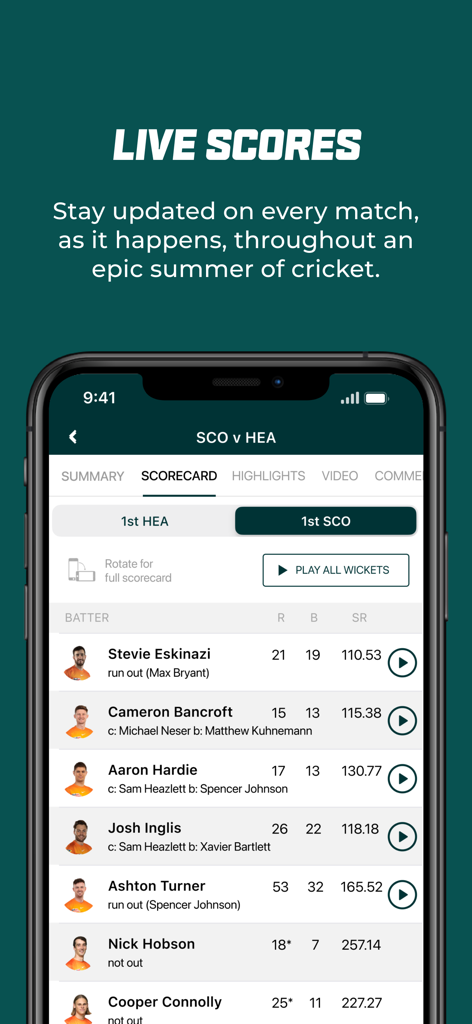 Cricket Australia Live app displaying a detailed match scorecard with player stats and live scores