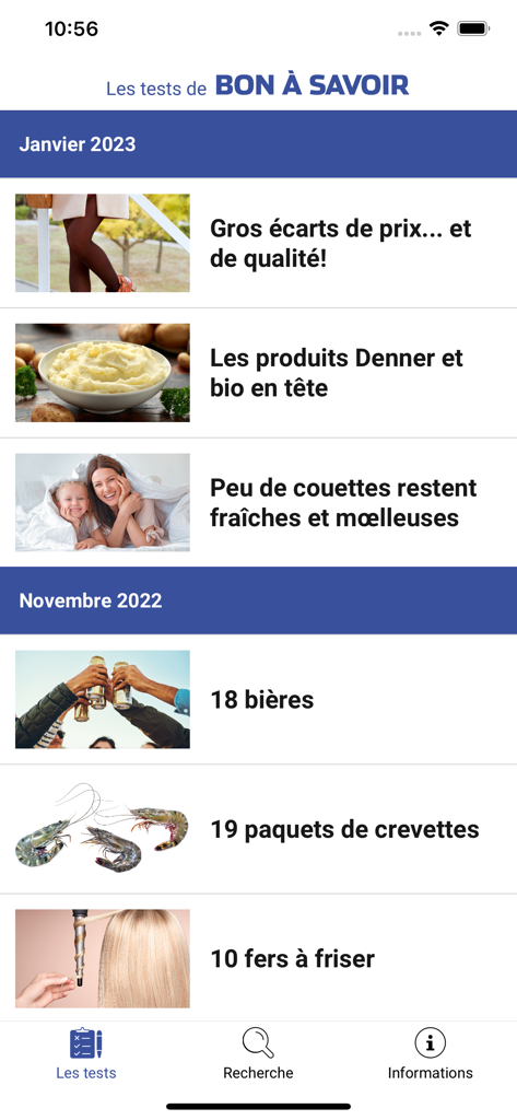 Les tests de Bon à Savoir - Une interface d'application mobile affichant une liste de tests de produits de consommation pour des articles tels que des collants, de la purée de pommes de terre, des couettes, de la bière, des crevettes et des fers à friser.