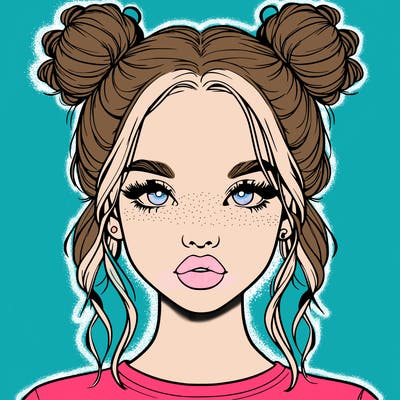 realistic girl with two buns in hair and lips