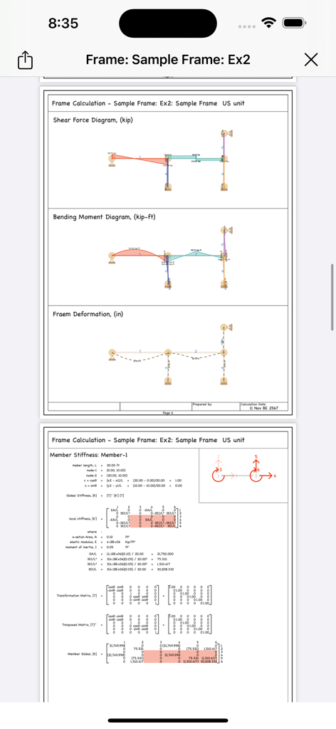 A-Frame - A structural engineering report showing shear force diagrams, bending moment diagrams, and member stiffness matrix calculations.