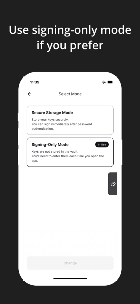 Coconut Vault app screen showing options for secure storage mode and signing only mode