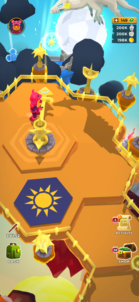 My Little Universe - Personagem rosa em pé em uma plataforma hexagonal dourada no jogo Meu Pequeno Universo