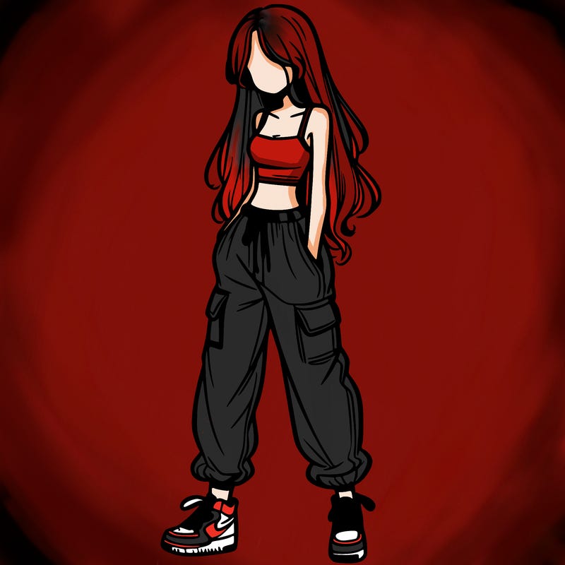 girl in baggy pants crop top and long hair