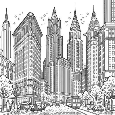Journey back in time with this engaging coloring page featuring magnificent historic skyscrapers. Designed for kids, it offers a fun and educational way to explore iconic city architecture.