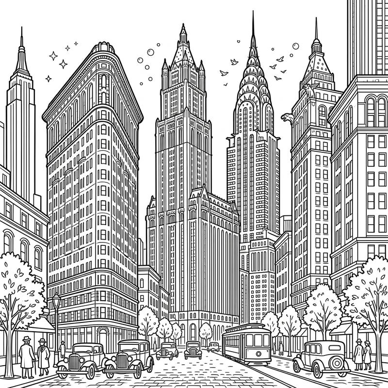 Journey back in time with this engaging coloring page featuring magnificent historic skyscrapers. Designed for kids, it offers a fun and educational way to explore iconic city architecture.